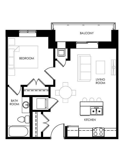 Floor plan for 1 bed, 1 bath, 637 sqft